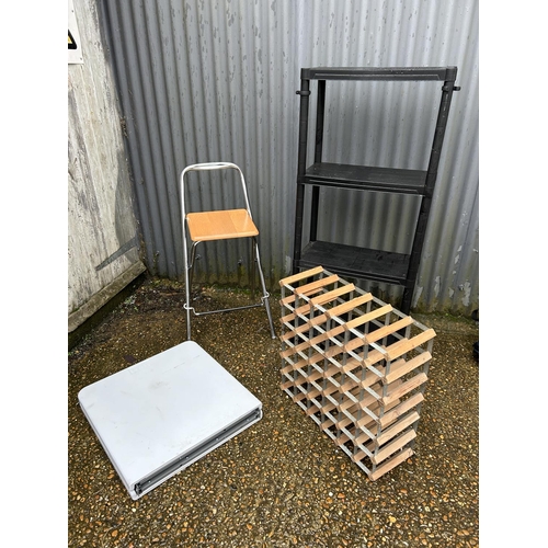 336 - Plastic shelving, folding table, wine rack and stool