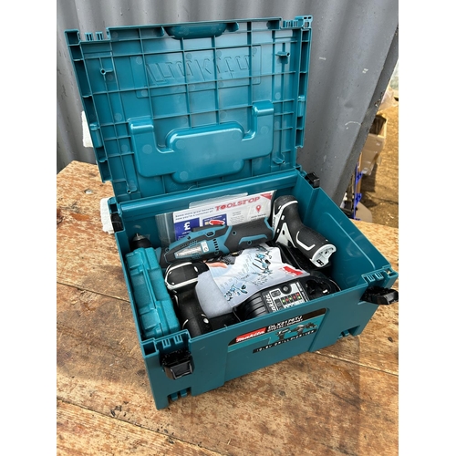 340 - A cased Makita Cordless drill and driver set with charger (lacking batteries)