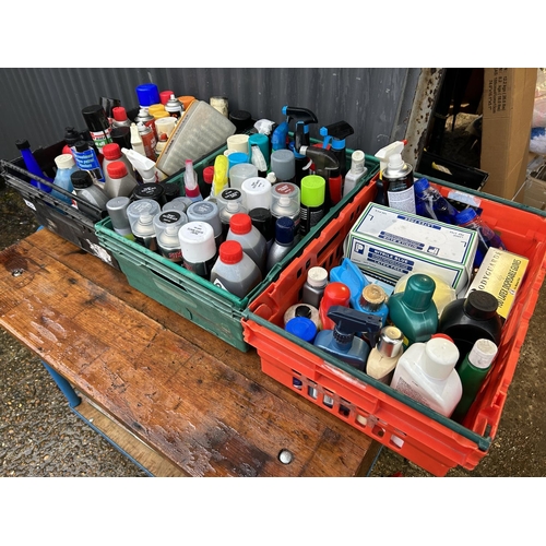 347 - Three trays of lubricating sprays, motor fluids and spray paints etc