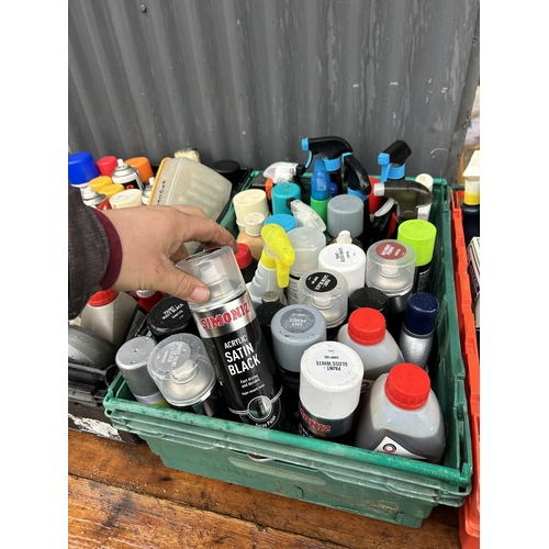 347 - Three trays of lubricating sprays, motor fluids and spray paints etc