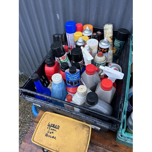 347 - Three trays of lubricating sprays, motor fluids and spray paints etc