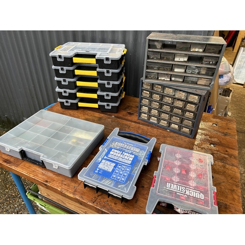 348 - Five stanley fittings boxes, three screw sets and two metal banks of fittings drawers containing scr... 