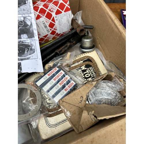 360 - A box of VW beetle chrome parts together with Kawasaki bike filters and spark plugs