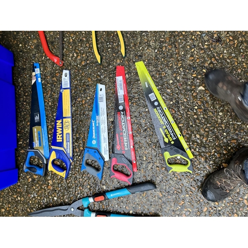 363 - A large blue tub containing new saws, new garden shears and other garden hand tools