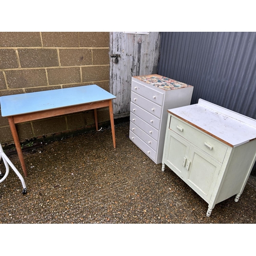 62 - Small painted sideboard, formica table and a painted ply chest of drawers