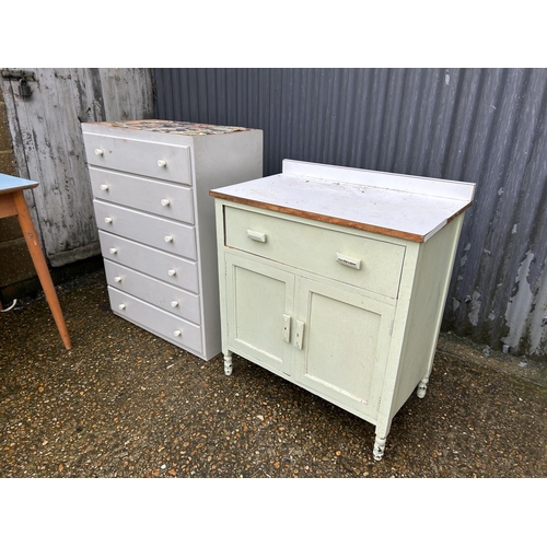 62 - Small painted sideboard, formica table and a painted ply chest of drawers