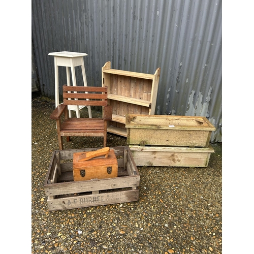 70 - Vintage wooden crate, two wooden planters, pine wall shelf, chair and a plant stand