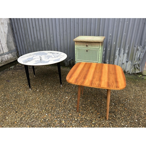 85 - Two retro coffee tables and a Lloyd loom bedside