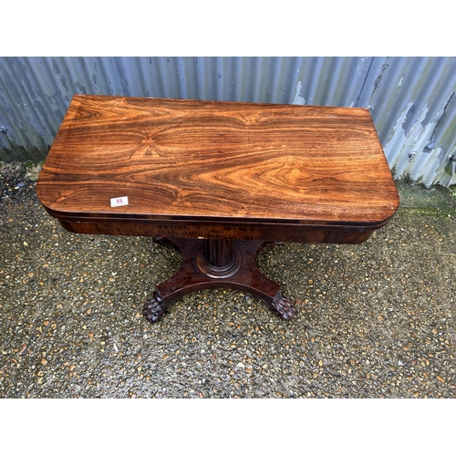 86 - A Victorian rosewood fold over card table (top loose) 90x46x75