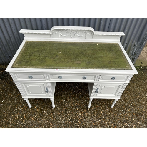 90 - A french style grey painted kneehole desk with green leather top 1220x60x75