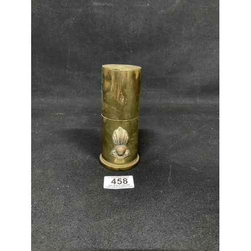 458 - Trench Art brass lighter, made from shell dated 1942, height 14cms, bearing Ubiquitous Parachute Reg... 