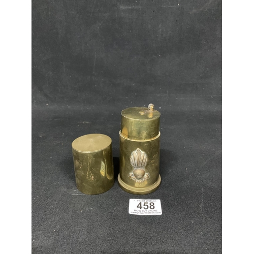 458 - Trench Art brass lighter, made from shell dated 1942, height 14cms, bearing Ubiquitous Parachute Reg... 