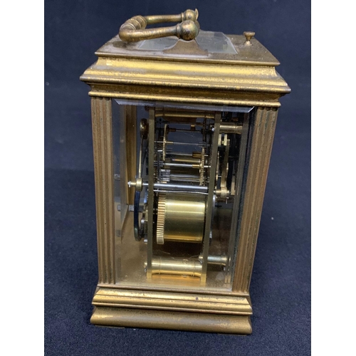 459 - Antique brass carriage clock with striking repeater movement, runs, chip to one side glass, height o... 