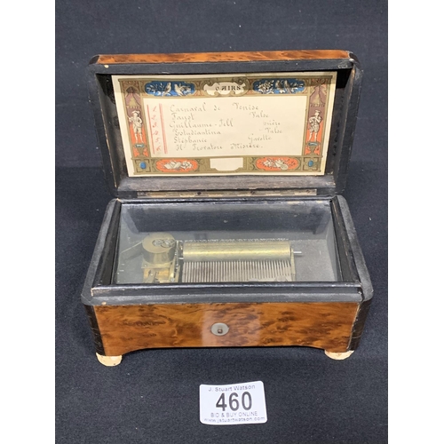 460 - Small antique walnut musical box, playing on 6 airs, no damage to comb, no winder, size 16.5 x 10 x ... 