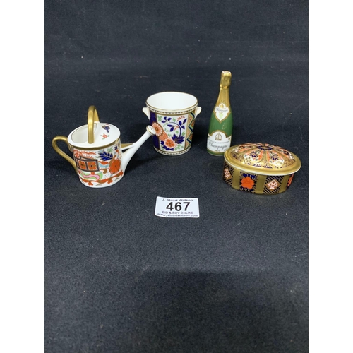 467 - Four Royal Crown Derby Miniatures: Champagne Bottle, Water Can, Jardiniere and Lidded Box (repair to... 