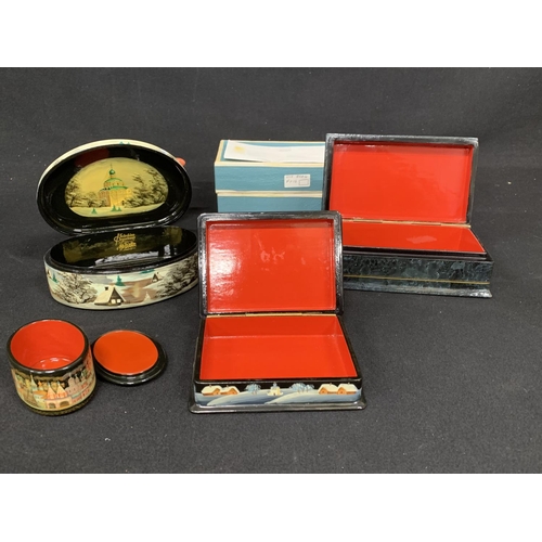 470 - 4 Russian lacquer boxes and pottery guinea fowl Figure, largest box 16 x 10 x 6.5 cms