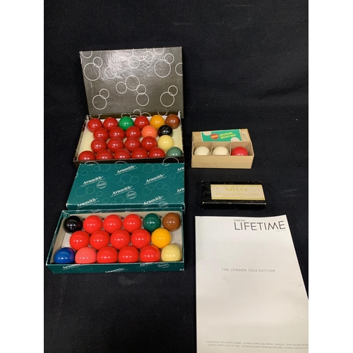 474 - 3 boxed billiard balls, darts and Omega Lifetime London 2012 edition