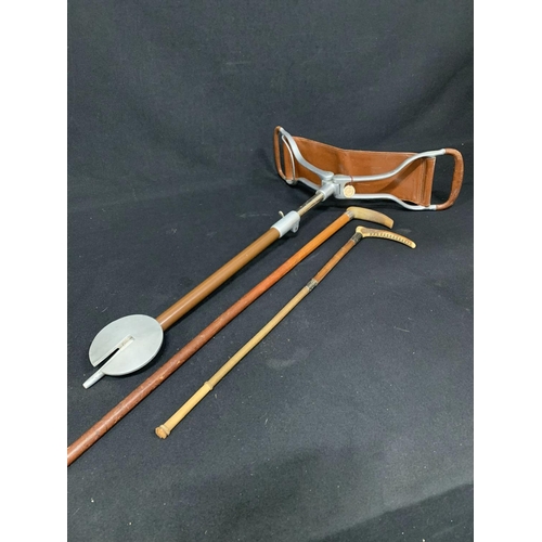 493 - Silver banded walking stick and riding crop and adjustable shooting stick