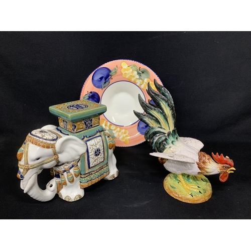 507 - Pottery elephant, Italian cockerel and large Italian Dish