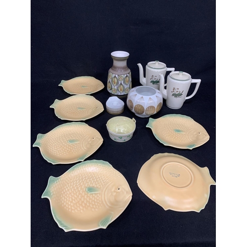 518 - 6 Shorter fish plates, Langley Vase, 2 Copenhagen coffee pots, Belleek pot, 1 other vase and candle ... 