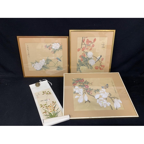 529 - 3 framed oriental silk pictures and a scroll