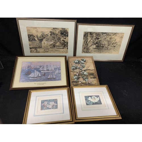 530 - 2 framed pen and ink drawings, Aboriginal bark picture and 3 prints