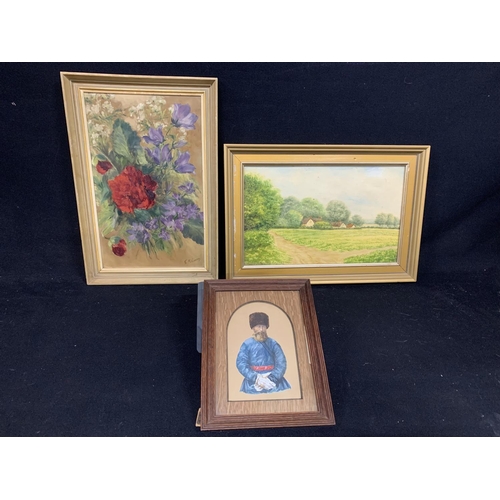 531 - Framed oil of flowers, Signed K McCarthy, Old Cobham Heath by Barbara Nelson, Watercolour of Russian... 