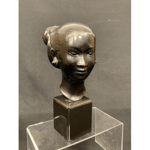 536 - Bronze Bust of Vietnamese lady on wooden plinth, height 27cms