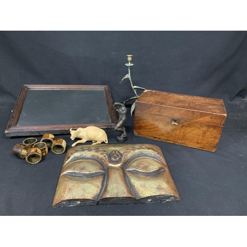 538 - Mirror, wooden box, four napkin rings, Bull, candle holder etc