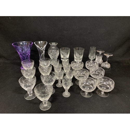 544 - Assorted cut glass drinking glasses, 2 engraved goblets and 1 pink Caithness vase and 2 glass vases