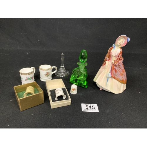 545 - Doulton Paisley Shawl Figure, height 16cms, green glass Scent Bottle and Trinketware (2)