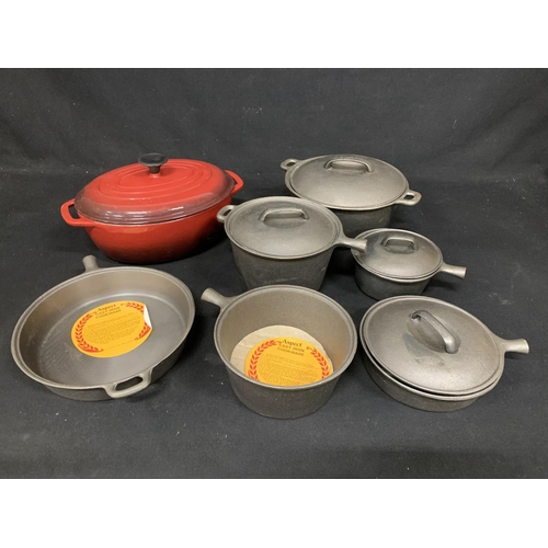 553 - Six Aspect new Cast Iron pans NO HANDLES and red cast iron casserole