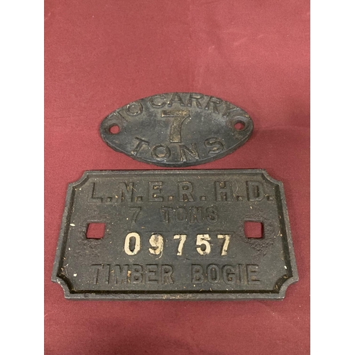 572 - 2 Cast iron LNER railway plaques, largest 25.5 x 15cms