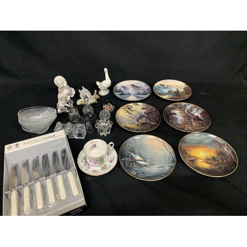 596 - Set of 6 Franklin Mint, Plates, 3 Lladro figures and Nao Goose, Boxed Set of Knives and glassware