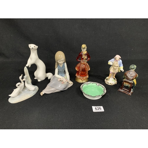 626 - Lladro girl, Nao Ducks, USSR stoat, Glass Figure and 2 others a/f