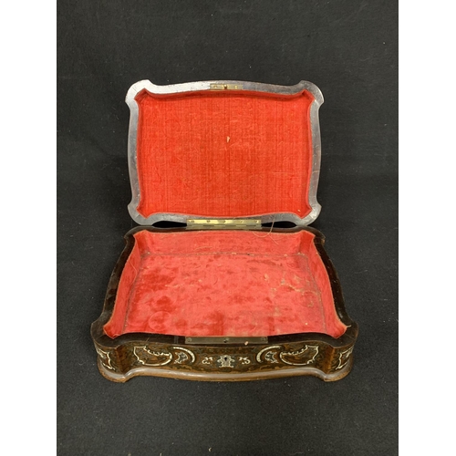 629 - Antique Continental Brass & Bone inlaid walnut trinket box, with brass edging to top. 26 x 20 x 8cms