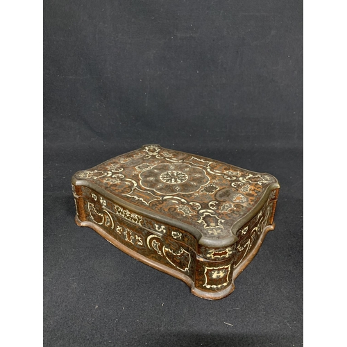 629 - Antique Continental Brass & Bone inlaid walnut trinket box, with brass edging to top. 26 x 20 x 8cms