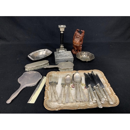 630 - Metalware, brush set, cutlery and Bhudda figure