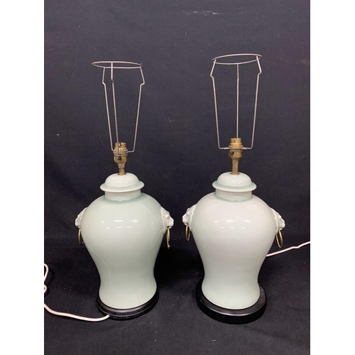 632 - Pair of green table lamps, height to top of base 35cms