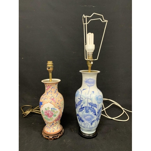 635 - 2 oriental pattern  lamp bases, tallest to top of base 33cms