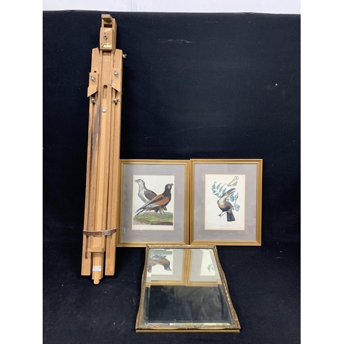 636 - Rowney Artists Easel, Gilt framed mirror and 2 bird prints