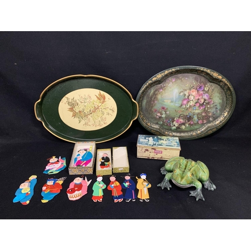 637 - Tin tray, wooden tray, box, frog and hanging Figure decorations