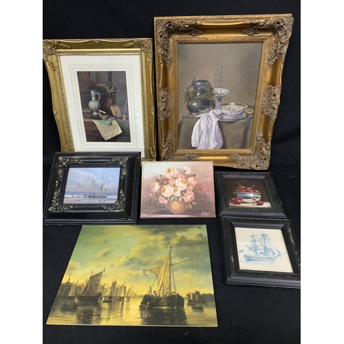 679 - Reproduction gilt framed still life and 6 other pictures