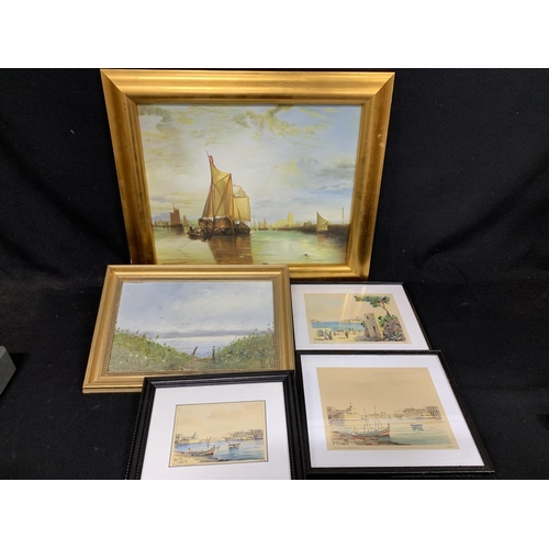 680 - 2 gilt framed oil pictures and 3 Watercolours of Malta in 1950's