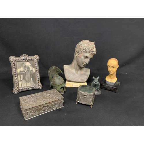 682 - Hallmarked Silver Photo frame, Bronze model centurion helmet, Plaster bust and decorative items