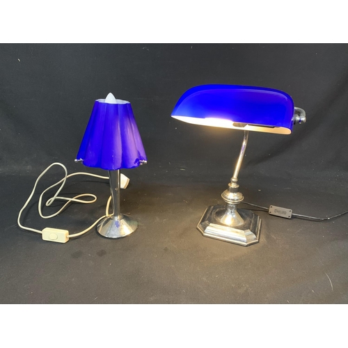 683 - Chrome Bankers lamp, height 36cms, working, plus similar table lamp