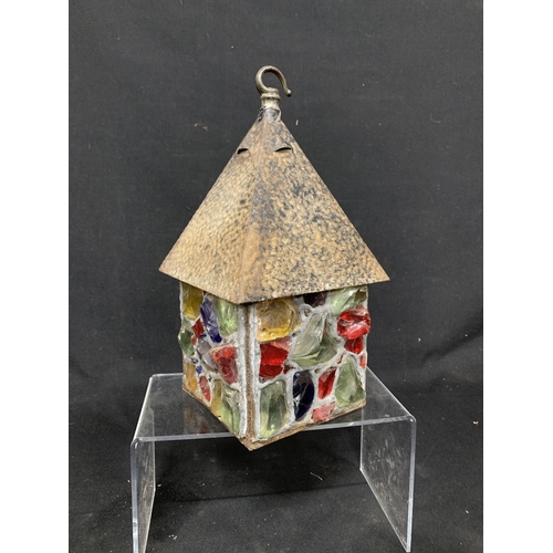 684 - Multi coloured glass fragment lantern, height 31cms