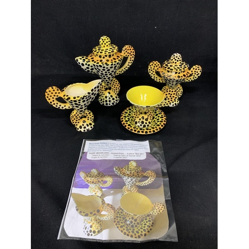 687 - Moorland animal print 4 piece teaset (sugar bowl chips to rim and lid rim)