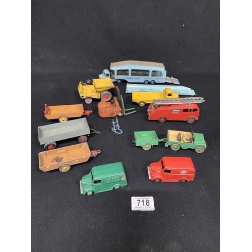 718 - Collection of vintage Dinky Commercials including two Trojan Vans and Pulmore Car Transporter with r... 