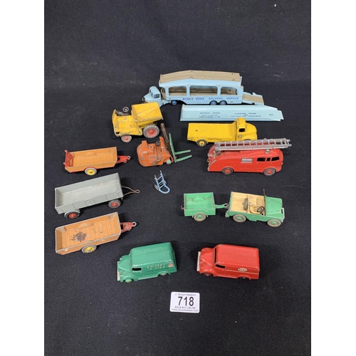 718 - Collection of vintage Dinky Commercials including two Trojan Vans and Pulmore Car Transporter with r... 